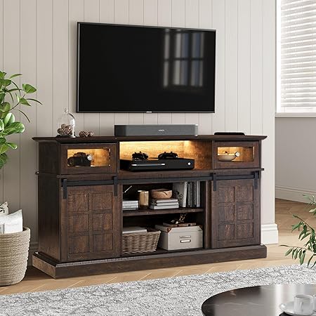 Farmhouse TV Stand w/LED Light, White TV Stand for 65 inch TVs, Entertainment Center