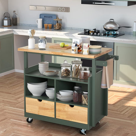 Kitchen Island Cart on Wheels - Butcher Block Island Table for Food Prep