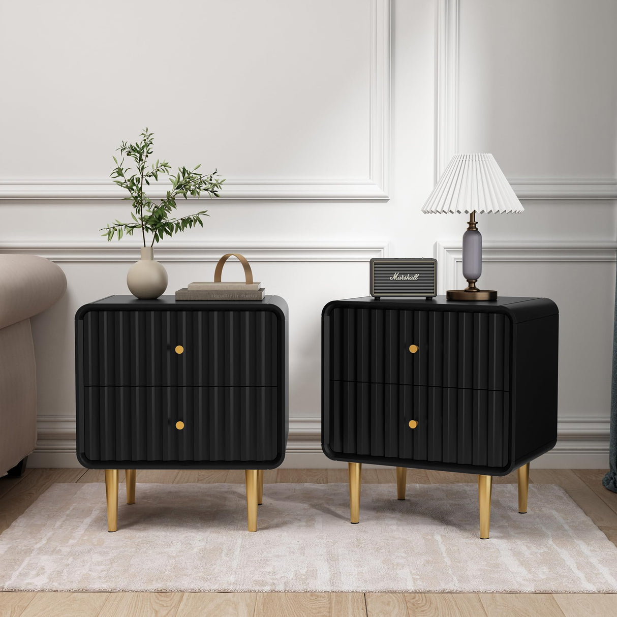 Modern Nightstand Set of 2, Fluted Bed Side Table with 2 Drawers Storage