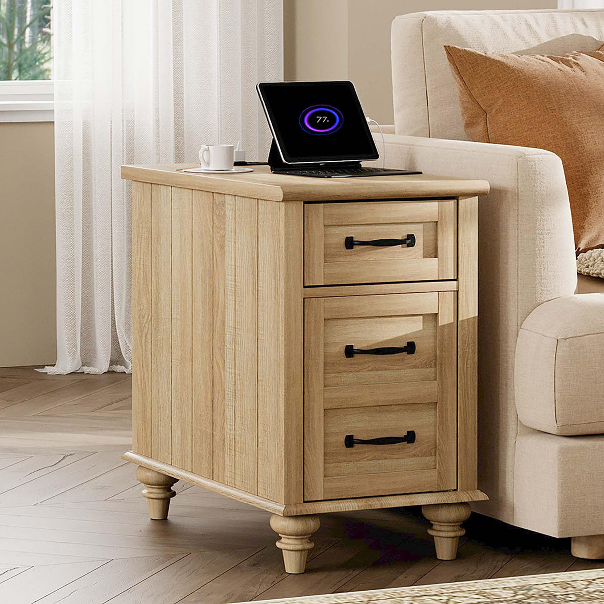 End Table with Charging Station, Wood Side Table with Drawer and Storage Cabinet