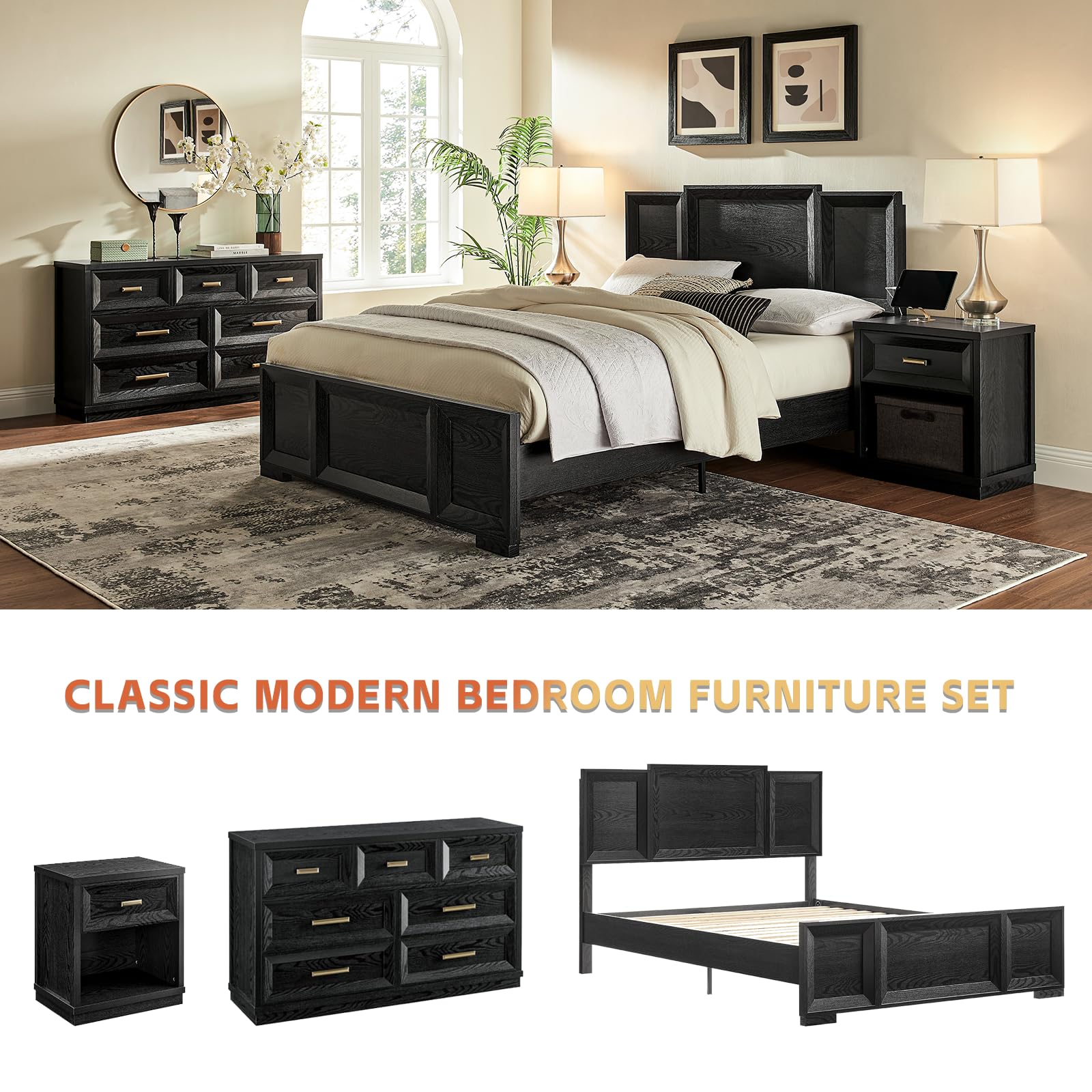 Queen Bed Frame with Wood Headboard and Footboard - Black