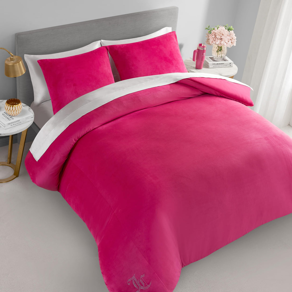 Hot Pink Velour Full/Queen Comforter Set - 3 Piece Luxury Bedding Ensemble