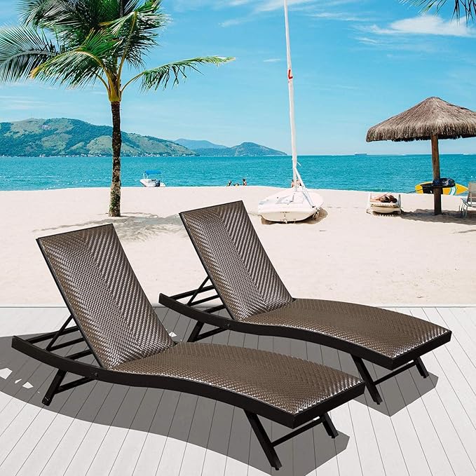 Outdoor PE Wicker Chaise Lounge - Set of 2 Patio Reclining Chair Furniture