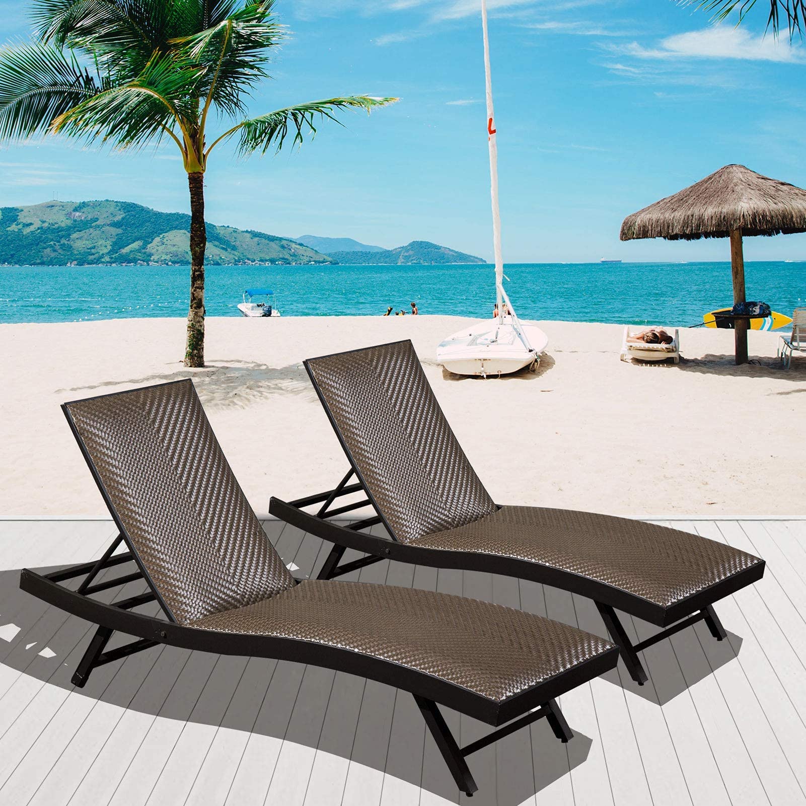Outdoor PE Wicker Chaise Lounge - Set of 2 Patio Reclining Chair Furniture
