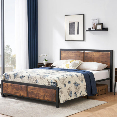 Full Platform Bed Frame/Mattress Foundation with Rustic Vintage Wood Headboard,