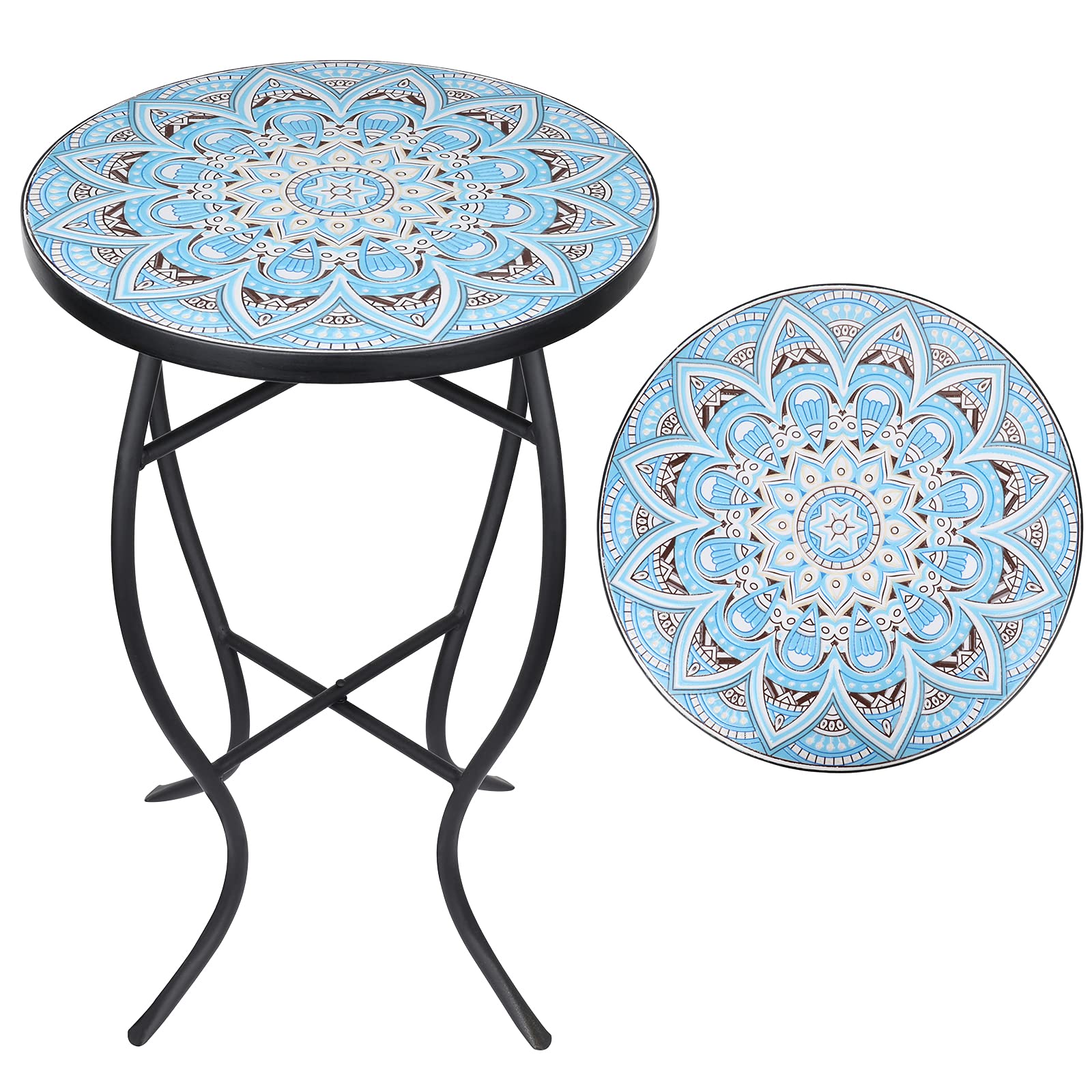 Vipush Mosaic Outdoor Side Table, 14" Round Folding Plant Stand for Patio Garden Backyard Balcony Porch Indoor Accent End Table for Living Room, Ceramic Tabletop with Black Iron, Light Blue - Bircata