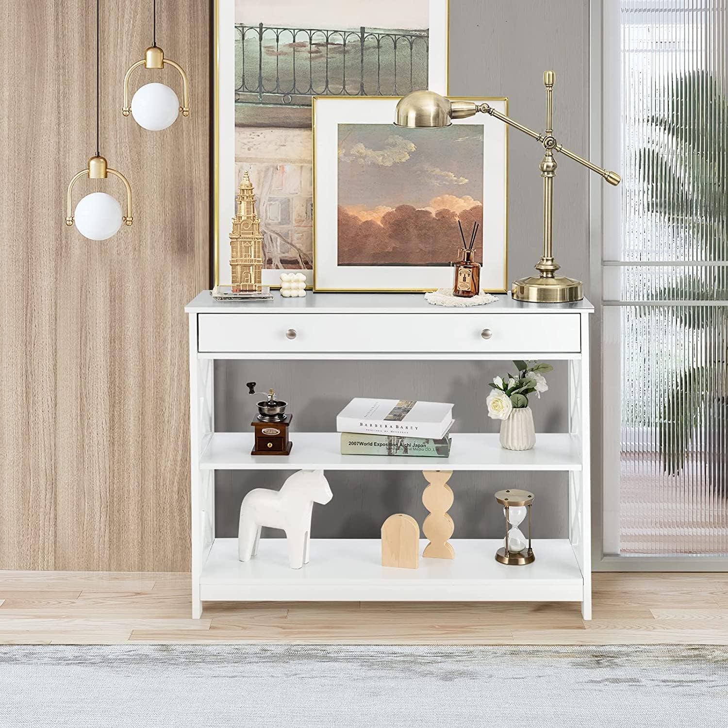 Tier Console Table, Entryway Table with 2 Open Storage Shelves Drawer,