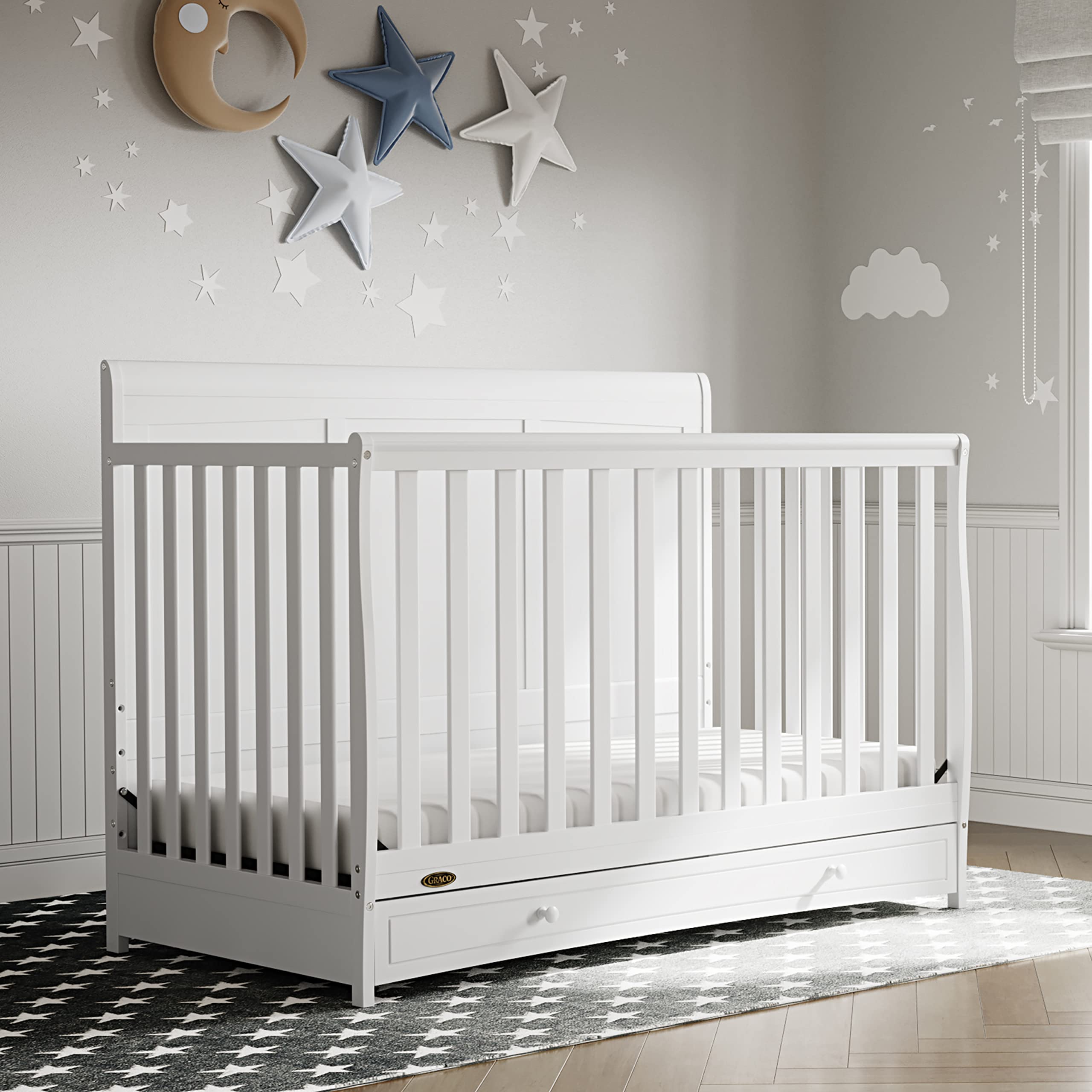 5-in-1 Convertible Crib with Drawer (White) – GREENGUARD Gold Certified, Crib with Drawer Combo, Full-Size Nursery Storage Drawer, Converts to Toddler Bed, Daybed and Full-Size Bed