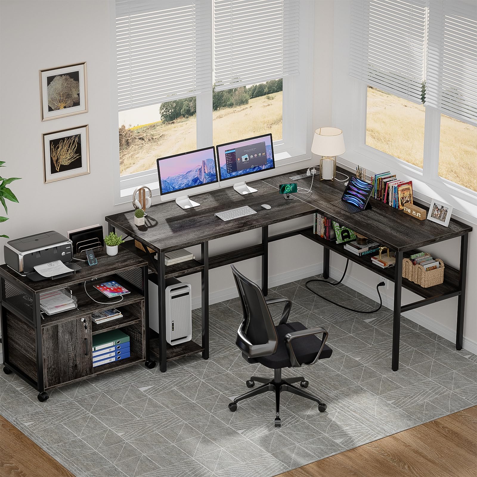 Reversible L Shaped Desk with Magic Power Outlets and USB Charging Ports