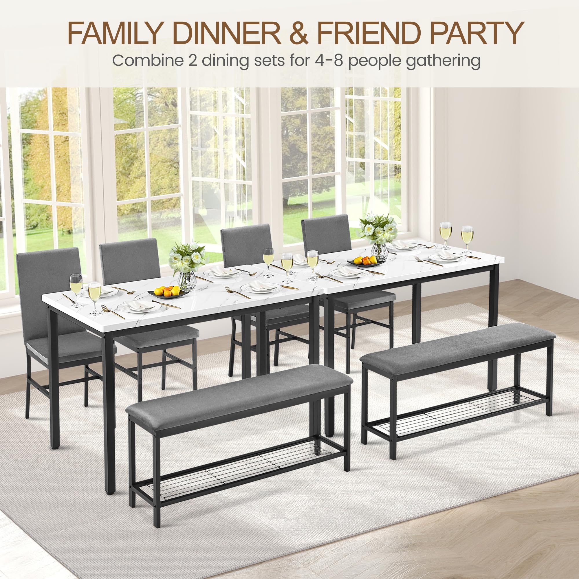 47.2" Faux Marble Dining Table Set for 4 with Velvet Chairs and Bench