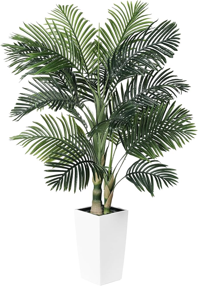 Artificial Golden Cane Palm Tree 5ft - Fake Palm Tree with White Tall Planter