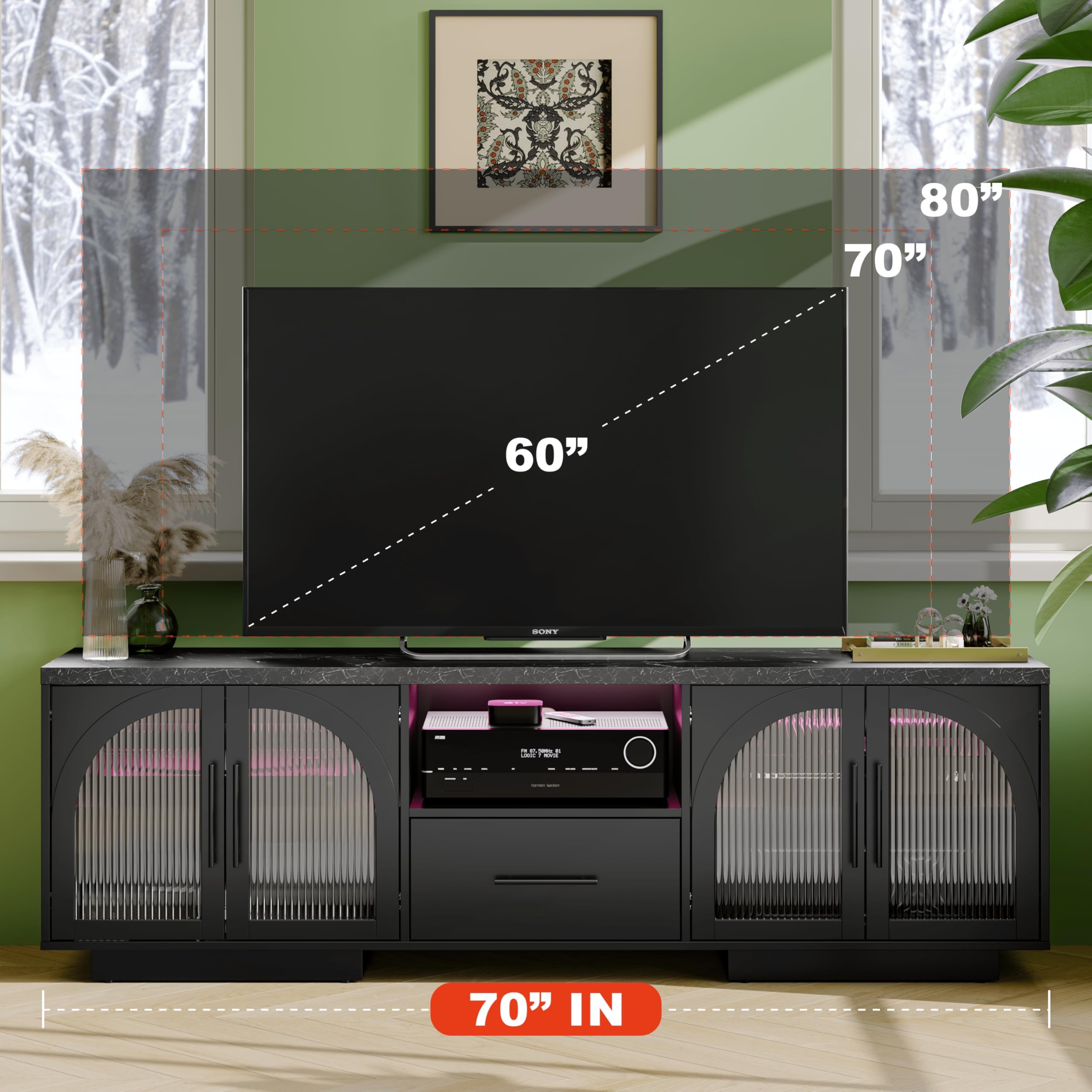 70" TV Stand with LED Lights & Glass Doors