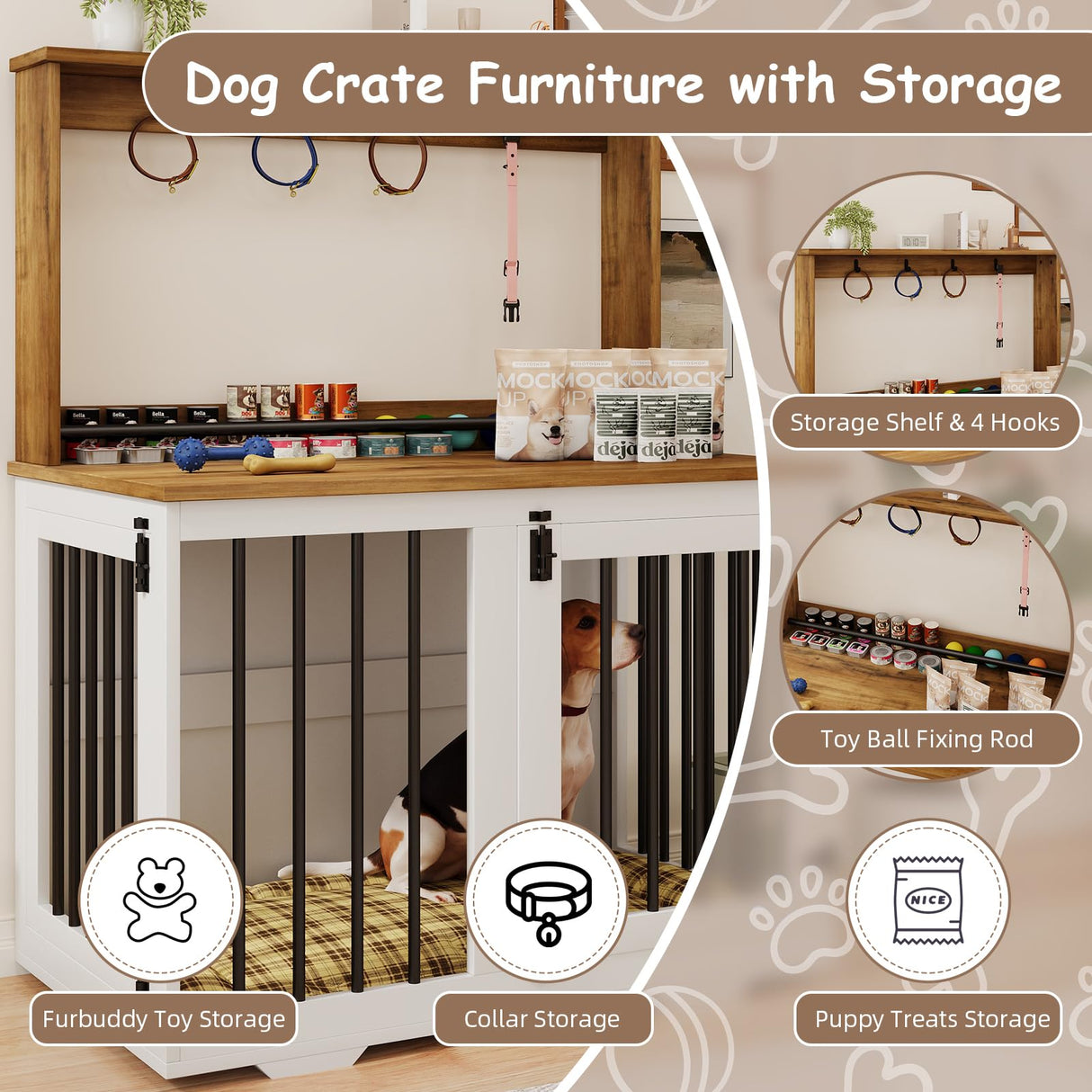 White Wooden Dog Crate Furniture with Storage Shelf & 4 Hooks