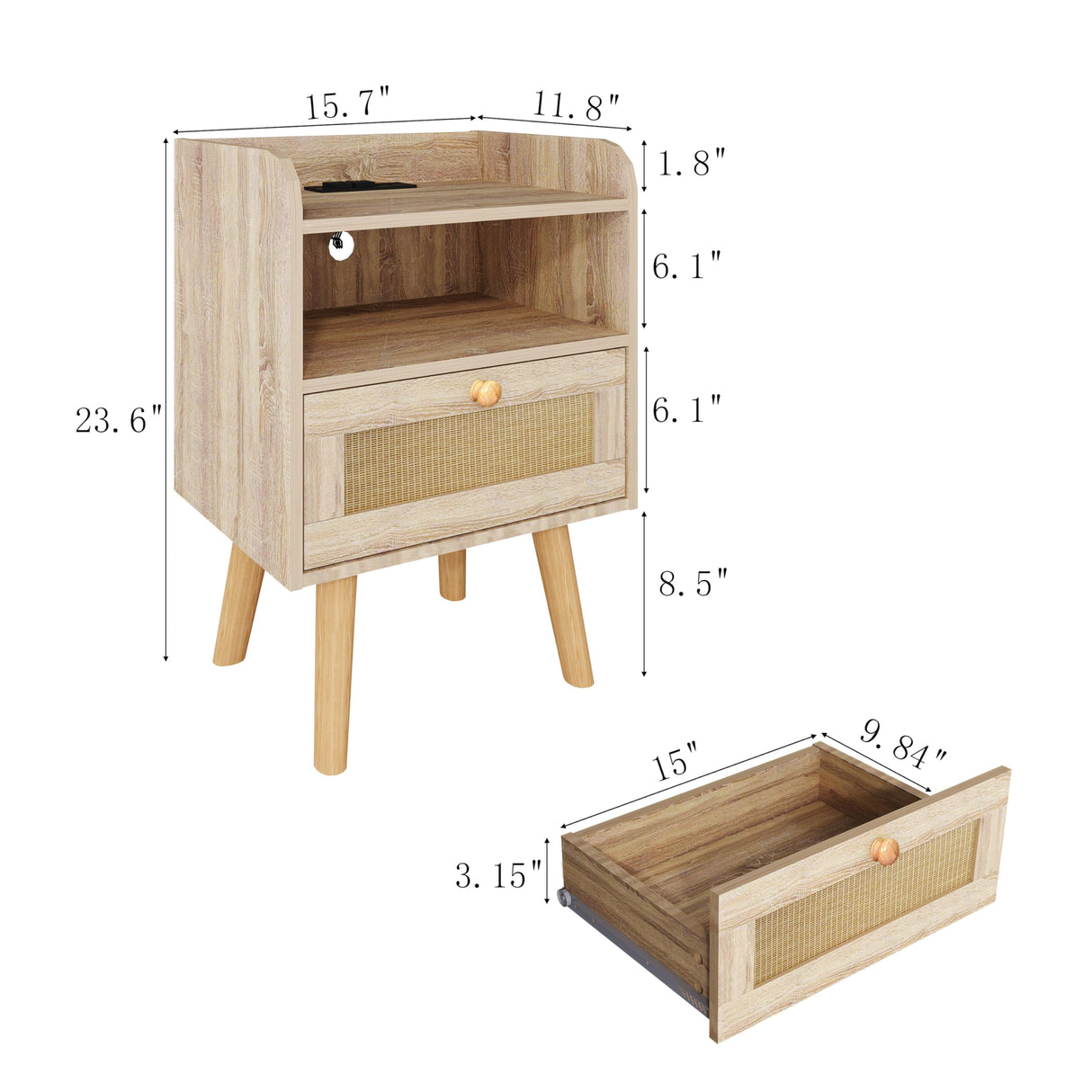 Nightstand Set of 2，Wood Nightstand with Charging Station