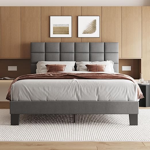 Queen Bed Frame with Headboard Linen Upholstered Bed Frame with Wood Slats Support,