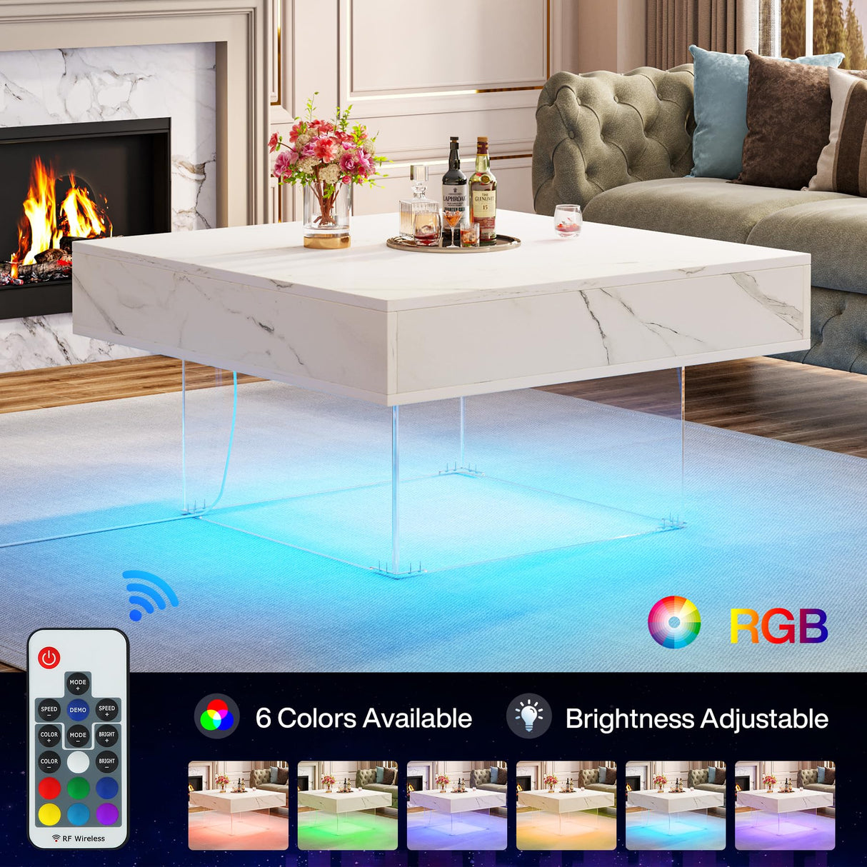 Square LED Coffee Table: Faux Marble White Coffee Table for Living Room