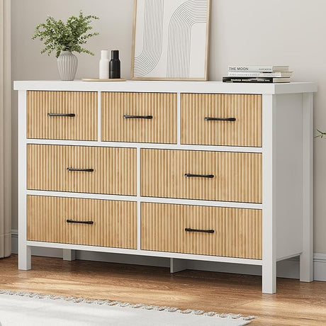 White Dresser 7 Drawer Dresser for Bedroom, Modern Fluted Dresser with Solid Wood