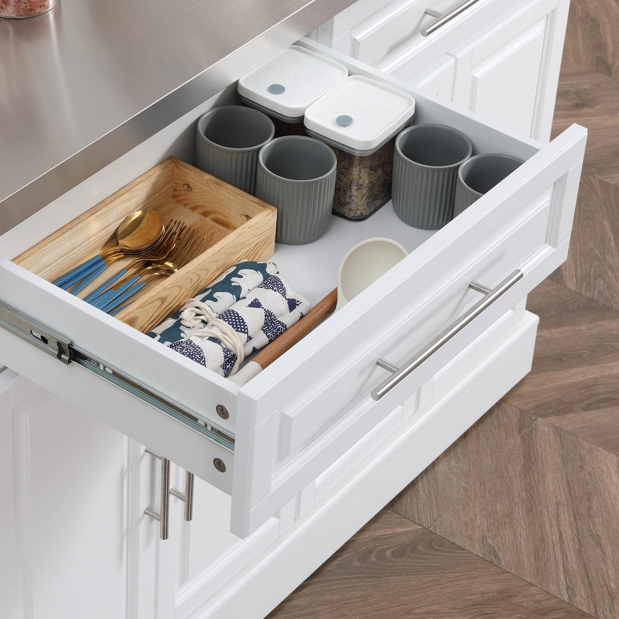 Rolling Kitchen Island with Storage, Portable Kitchen Cart with Stainless Steel Top