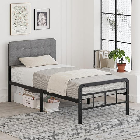 Twin XL Bed Frame with Upholstered Headboard and Metal Footboard 14 Inch