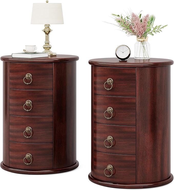 Solid Wood End Table, Round Side Table with 4 Drawers, Vintage Bedside Table