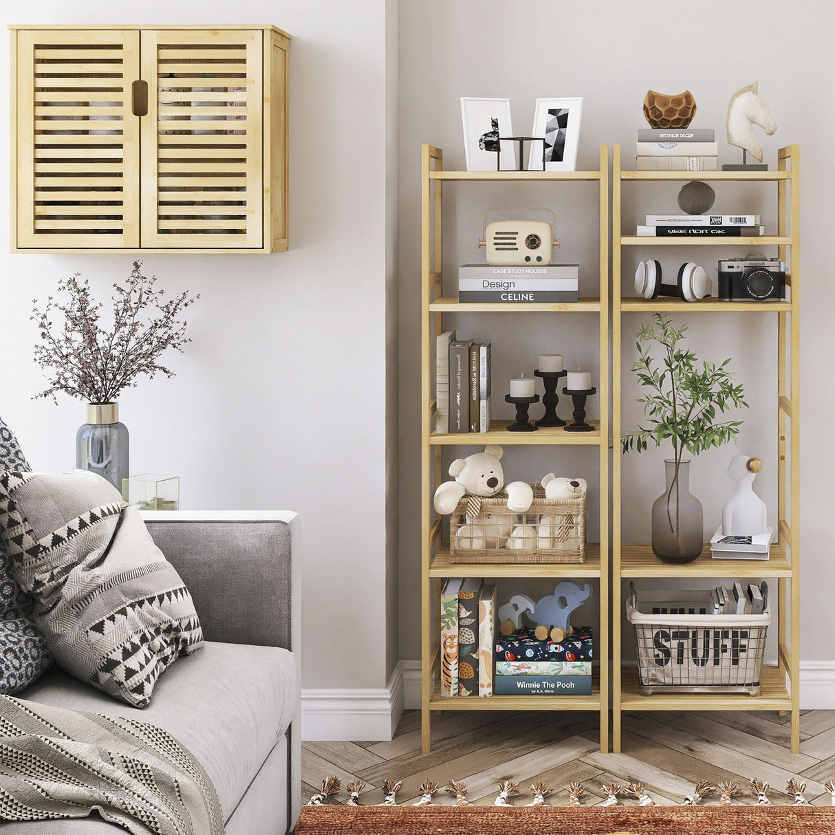 Tall Narrow Bookshelf and 4 Tier Ladder Shelf, Bamboo Bookcase Freestanding Bathroom Shelf