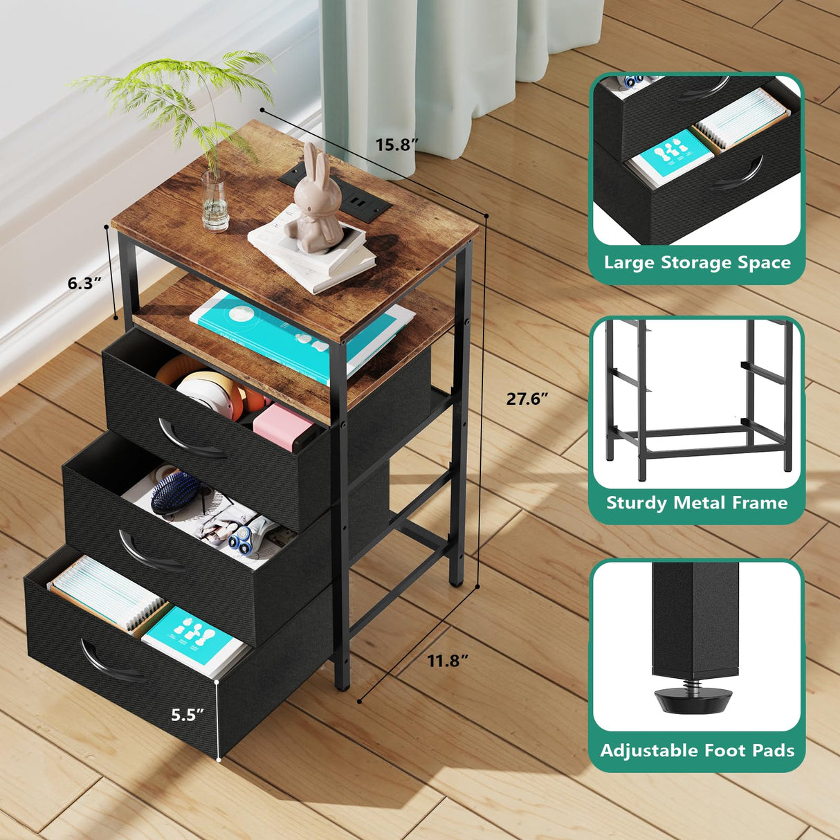 Nightstand with Charging Station, Bedside Table LED Night Stand