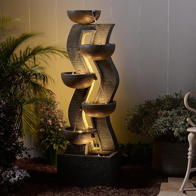 6-Tier Water Fountains Outdoor - 52.8 Inch Large Patio Waterfall with Lights, Garden