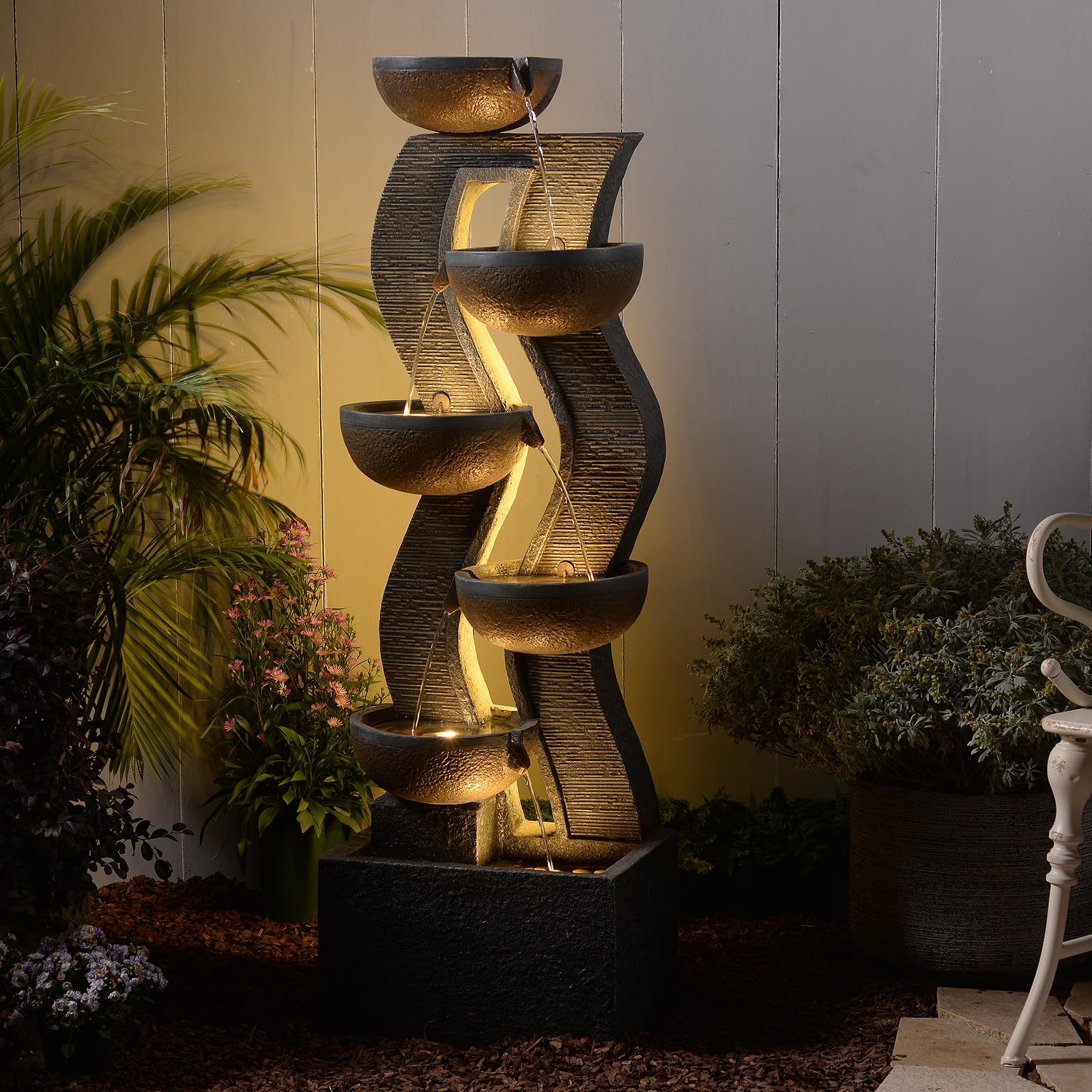 6-Tier Water Fountains Outdoor - 52.8 Inch Large Patio Waterfall with Lights, Garden