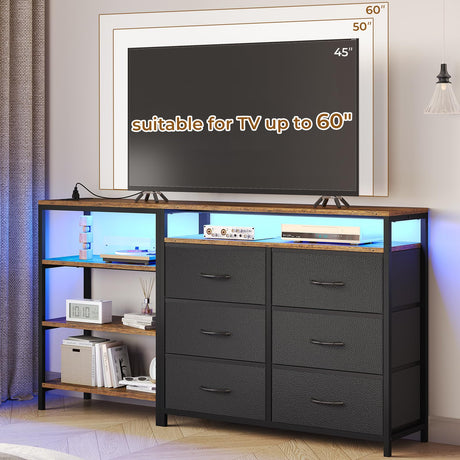 TV Stand Dresser Bedroom for 60 Inch TV with LED Lights & Charging Station