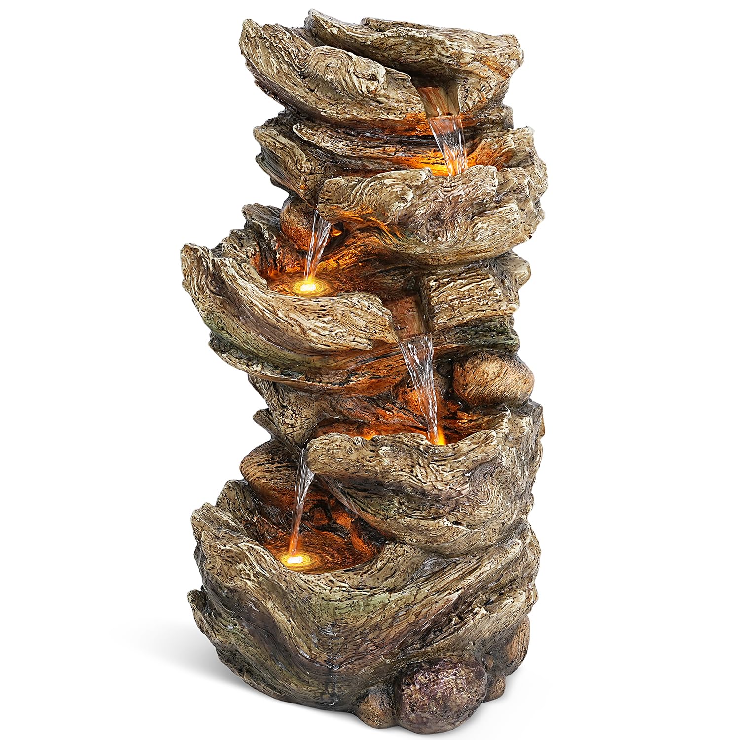 32" High 5-Tiers Cascading Rock Outdoor Water Fountain with LED Lights and Pump