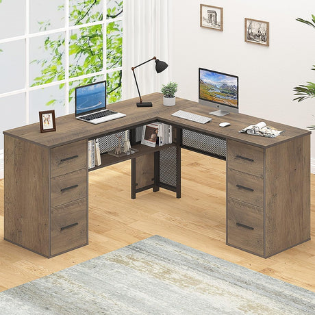 Large L Shaped Home Office Desk with Drawers, Rustic L-shaped Computer Desk