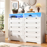 EnHomee Dresser for Bedroom, Modern White Dresser with LED Light, Tall Dresser with 5 Large Wood Drawers for Closet Organizers and Storage Clothes, Chests of Drawers for Closet, Entryway