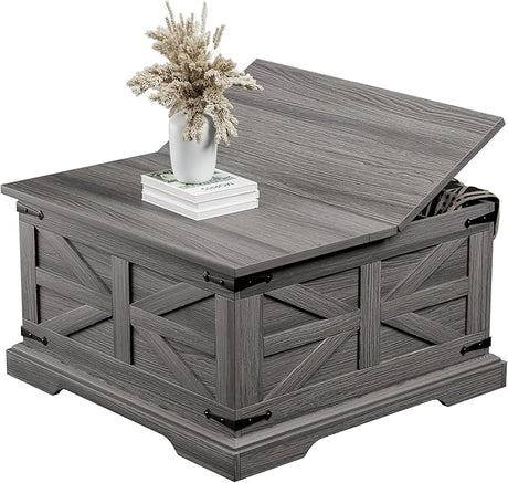 Farmhouse Coffee Table with Storage, Square Center Table for Living Room, Rustic