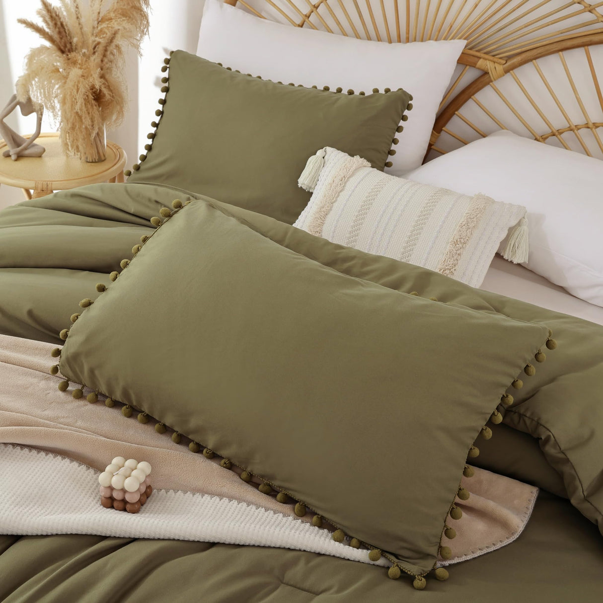 Queen Comforter Set - Comforter Queen Size Sets with Ball Pom Fringe