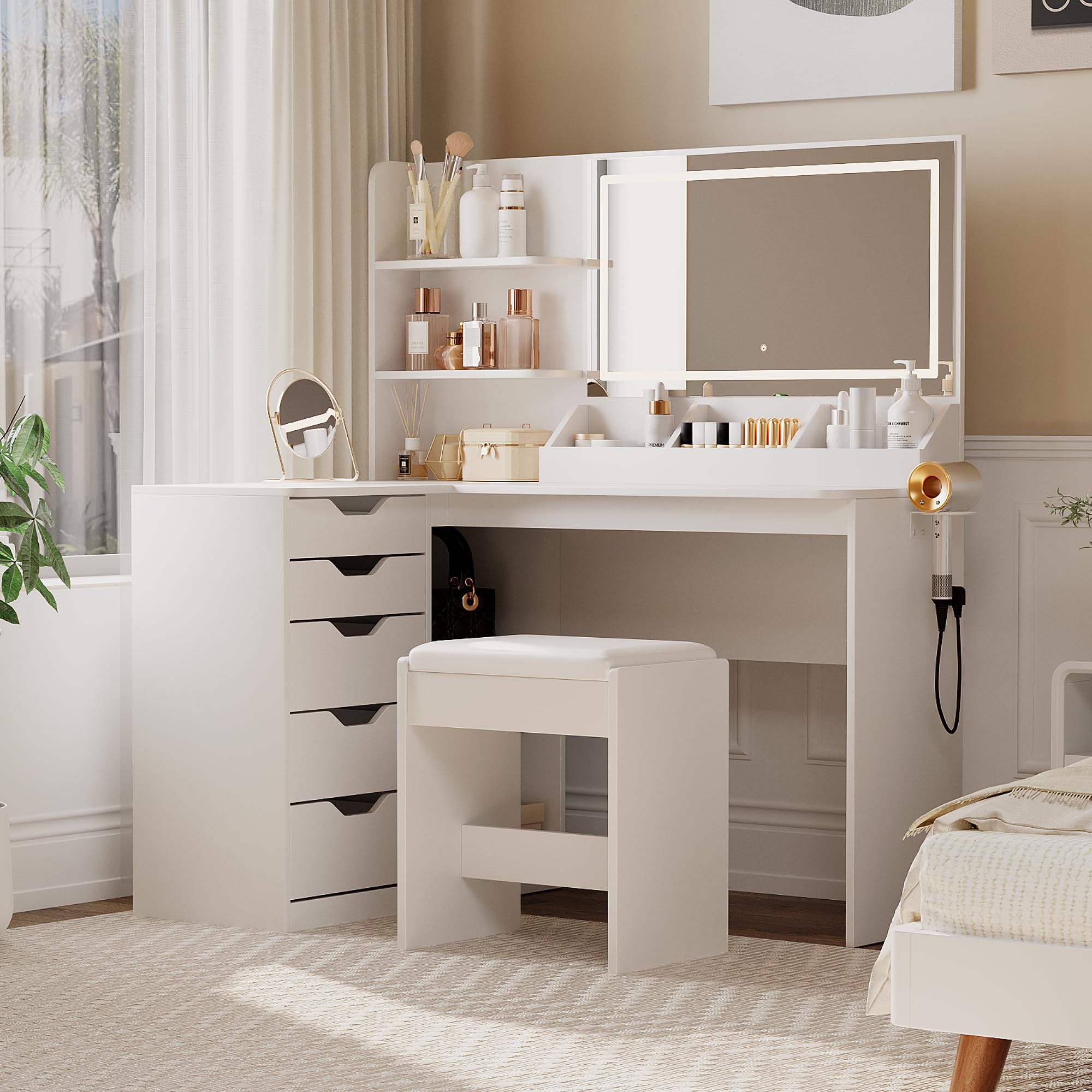 L Shaped Vanity Desk Set with LED 3 Color Lighted Mirror&Power Outlets, Dressing Table with Drawers, Storage Boxes&Shelves, Corner Makeup Vanity with Cushioned Bench for Bedroom (White)