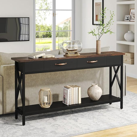 70.9 inch Sofa Table with 2 Drawers, Long Console Tables with Large Wood Tabletop Heavy Duty Metal Frame for Entryway Behind Couch