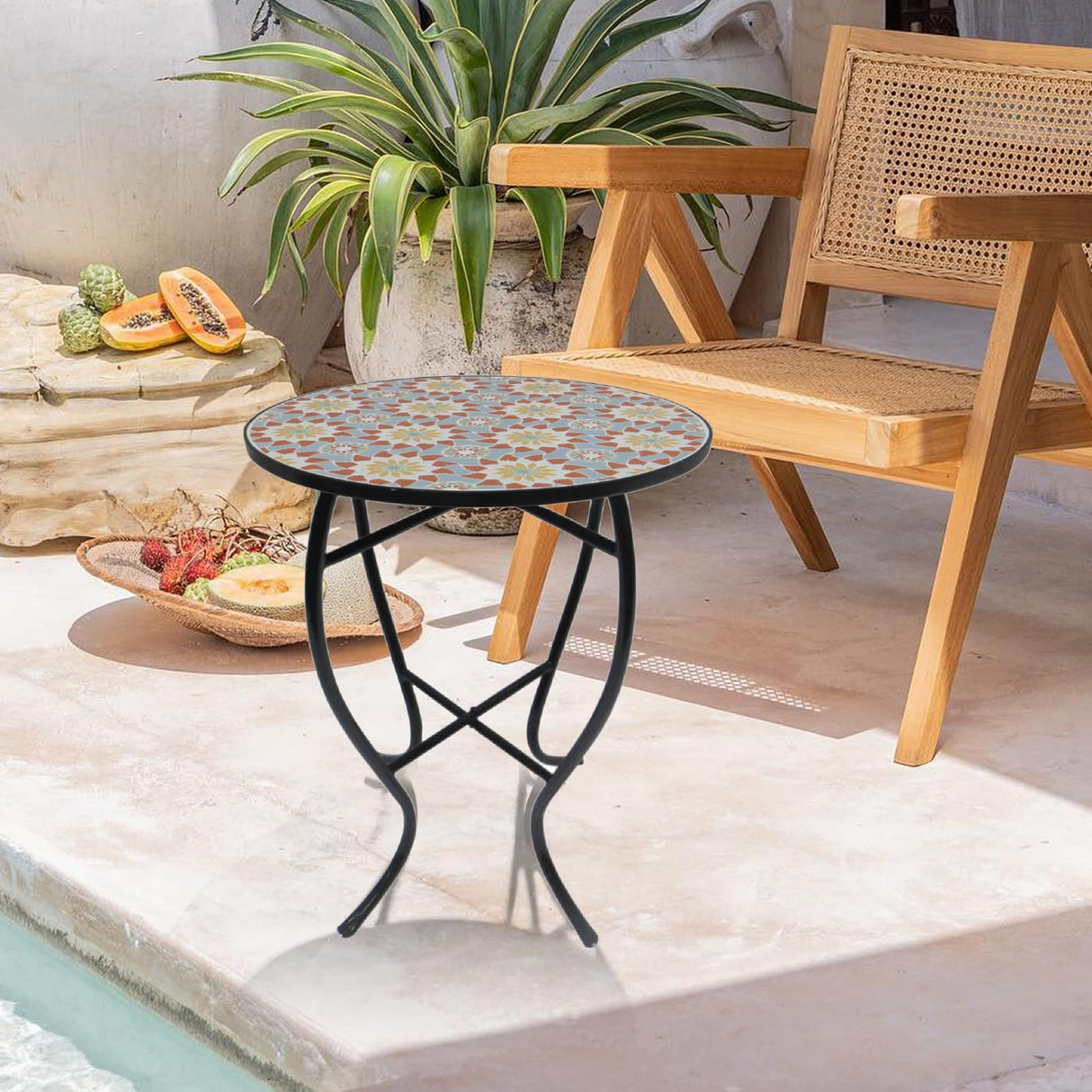 Outdoor Side Table Mosaic 14 Inch Round Accent Table Plant Stand with Concrete Tile Top