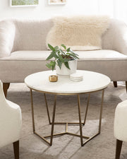 Solvay Modern Glam Round Coffee Table, 26 x 26 x 18, White Marble and Brass
