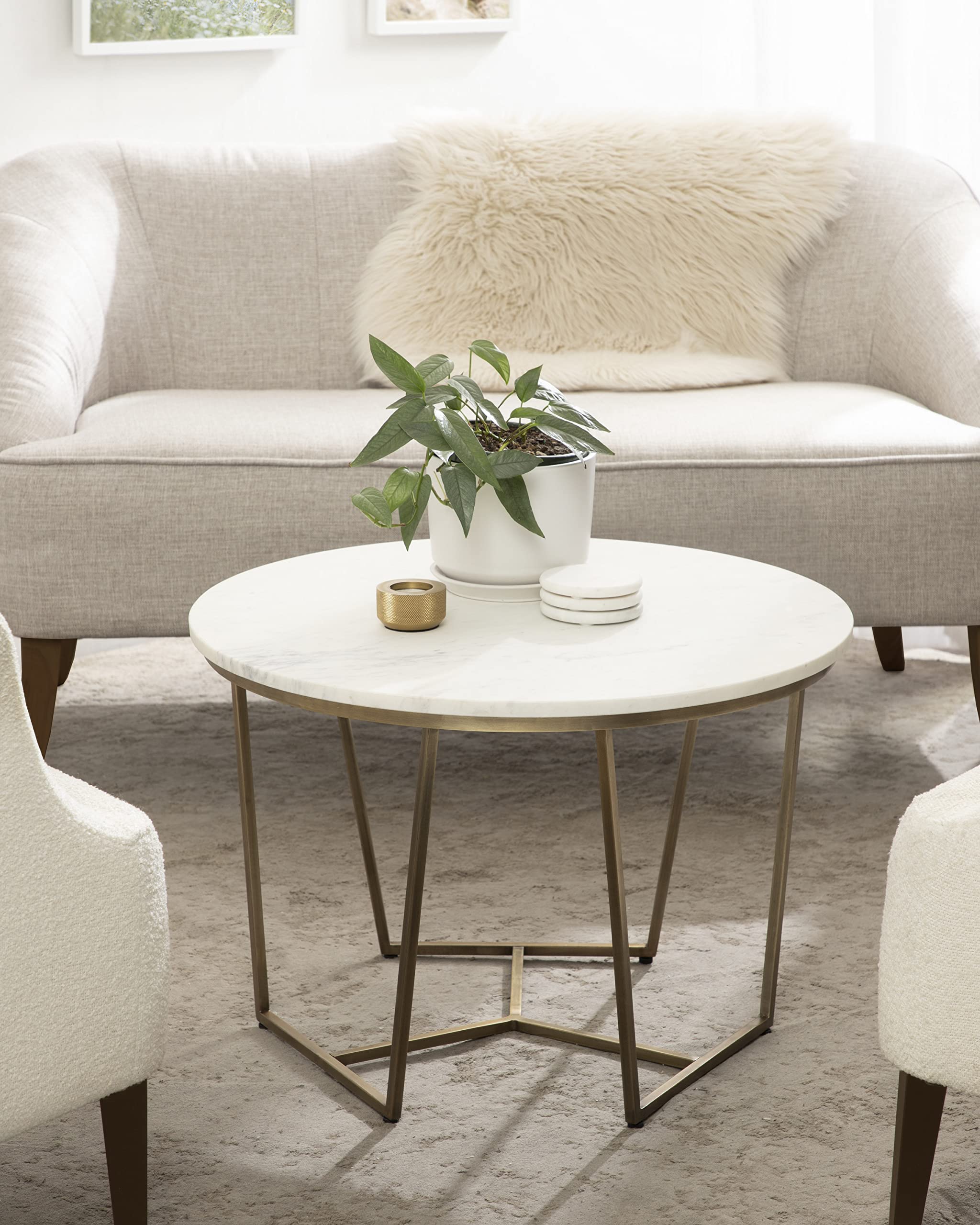 Solvay Modern Glam Round Coffee Table, 26 x 26 x 18, White Marble and Brass
