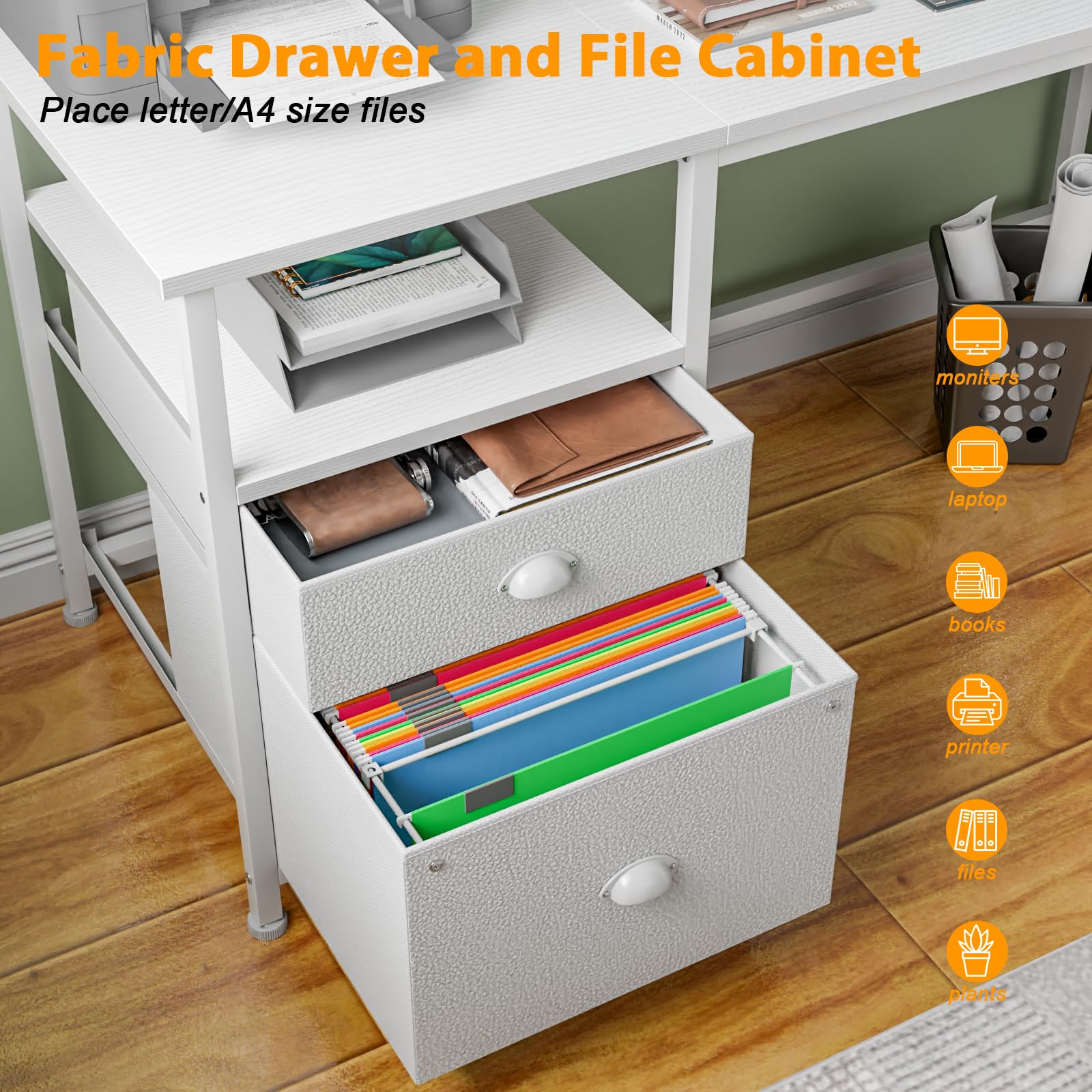 61" Computer Desk with Fabric File Cabinet & Drawer, Reversible White Desk