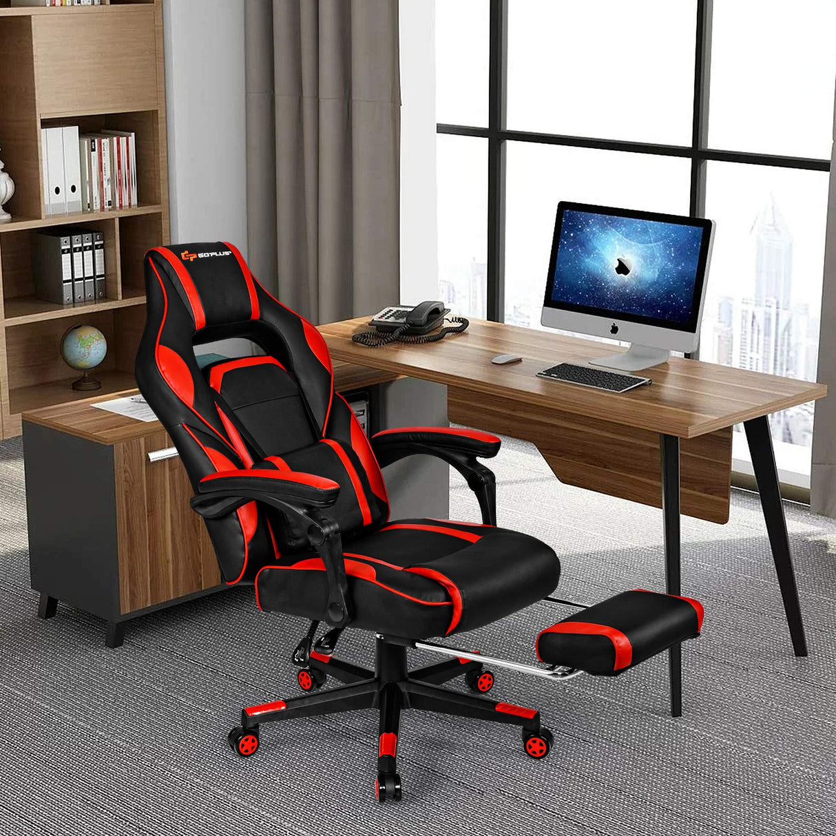 Goplus Massage Gaming Chair, Reclining Backrest, Seat Height Adjustment Racing Computer Office Chair with Footrest, Ergonomic High Back PU Swivel Game Chair (Red)