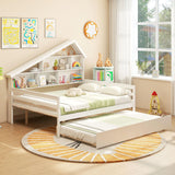 Full House Bed with Twin Trundle, Wood Daybed with 5 Cube Storage Bookcase & Headboard