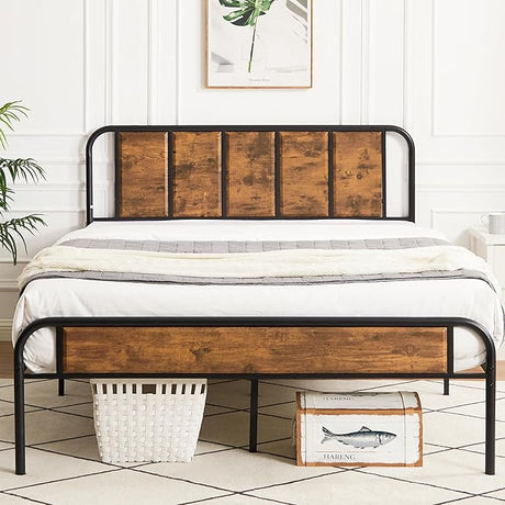 Full Size Metal Platform Bed Frame with Wooden Headboard,Sturdy Steel Slats Support