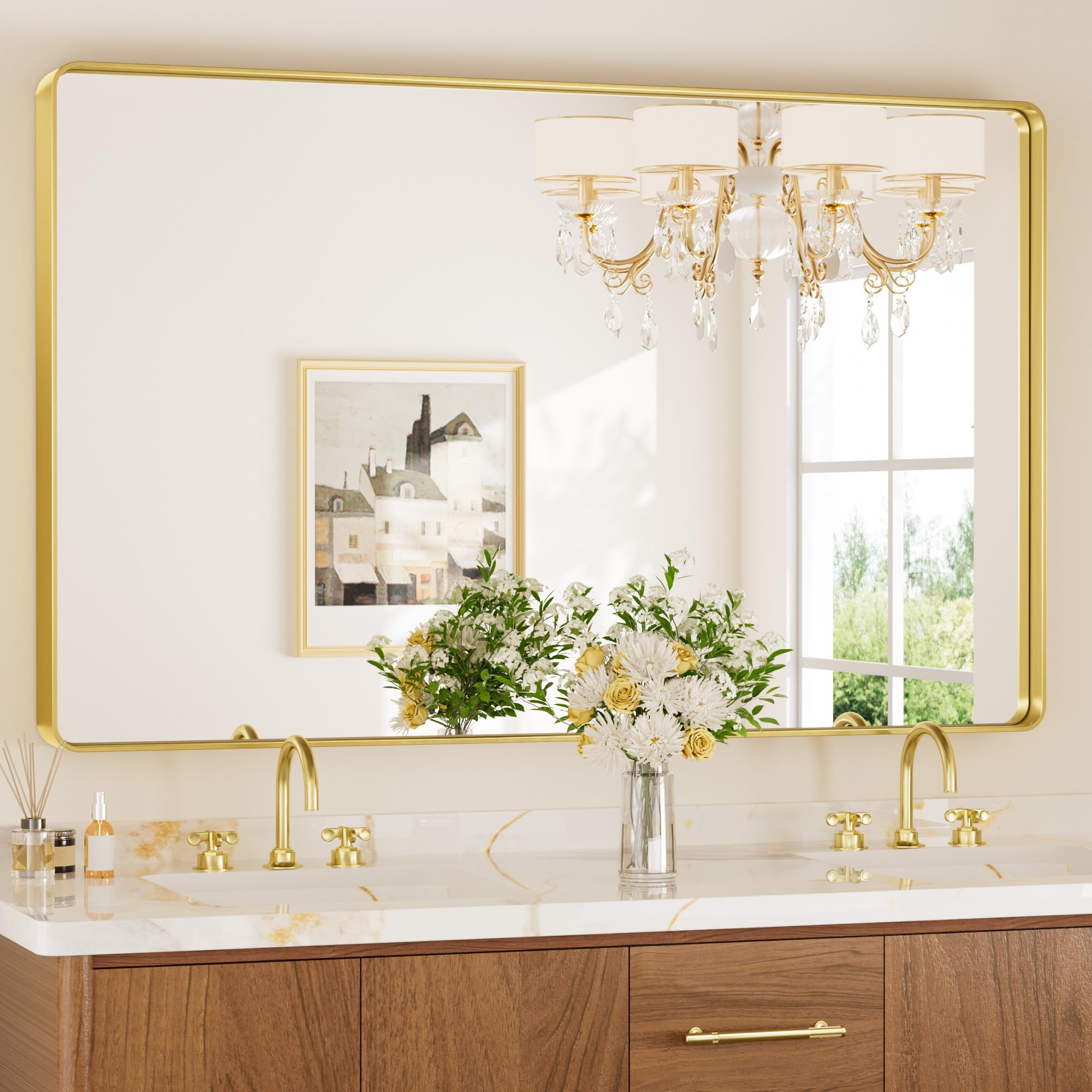 Brushed Gold Bathroom Mirror 48 x 30 Inch Large Rounded Rectangle Vanity Mirror