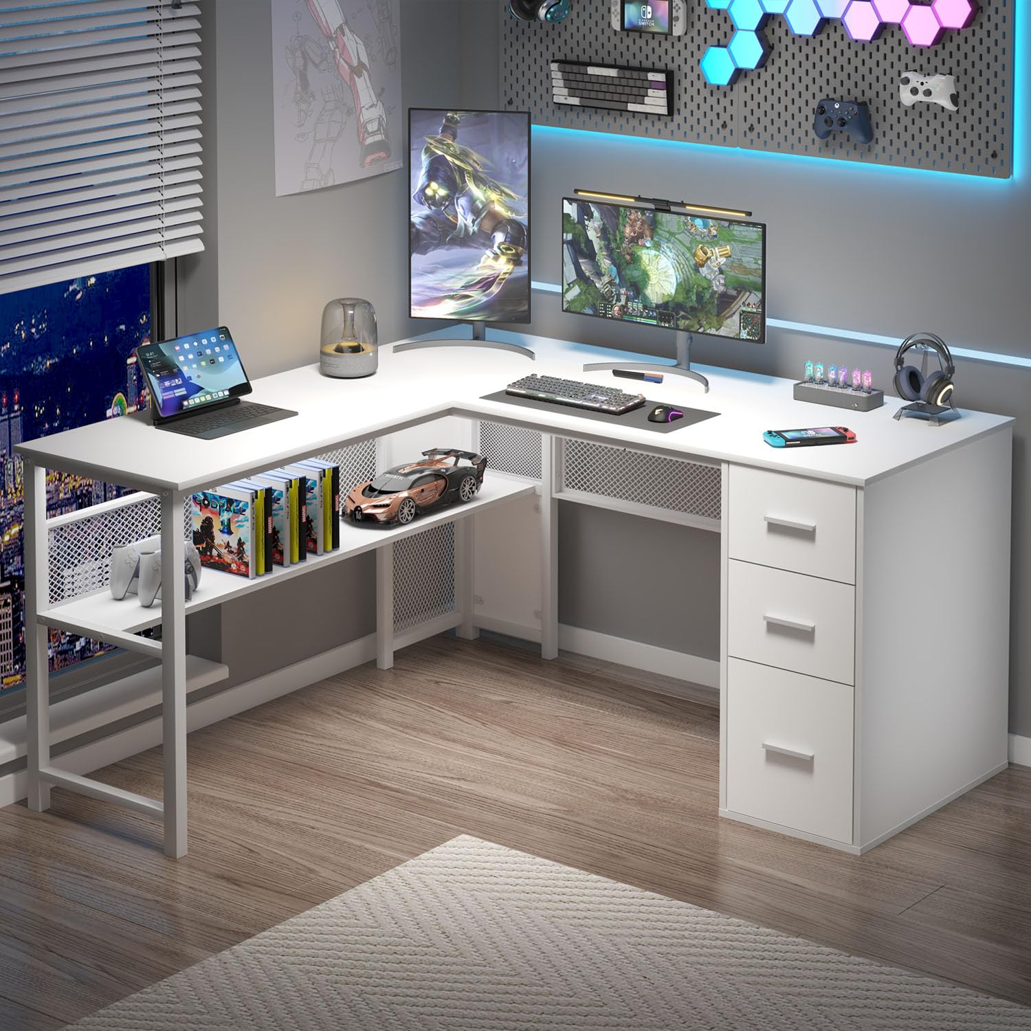 White L shaped Corner Desk with Drawers, Reversible Modern L-Shaped Computer Desk