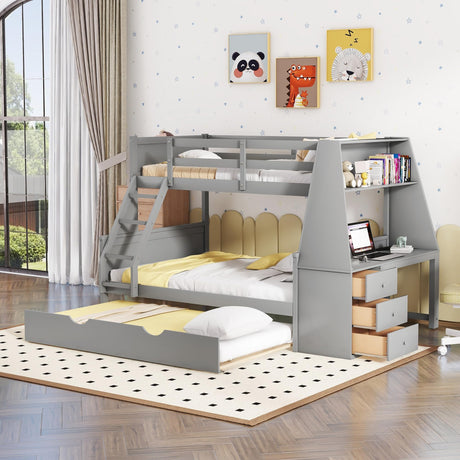 Twin Over Full Bunk Bed with Desk and Trundle, Wooden Bunk Beds Twin over Full Size