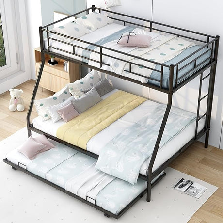 Triple Bunk Beds, Twin Over Full Bunk Bed with Trundle,Sturdy Steel Bunk Beds Frame for 3 Kids/Teens