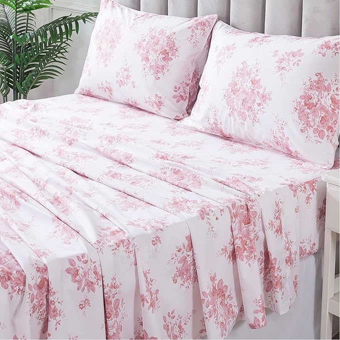 Floral Sheets for Queen Size Bed Cotton Pink Rose Bed Shees Shabby & Chic Bedding