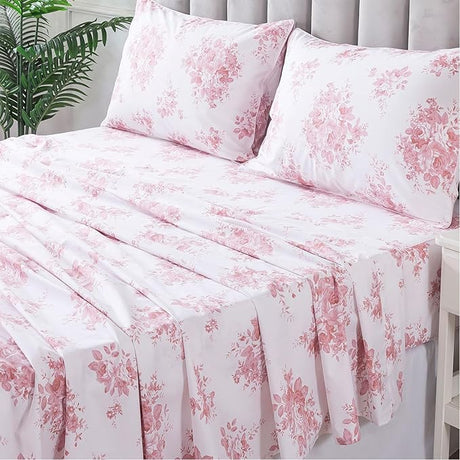 Floral Sheets for Queen Size Bed Cotton Pink Rose Bed Shees Shabby & Chic Bedding