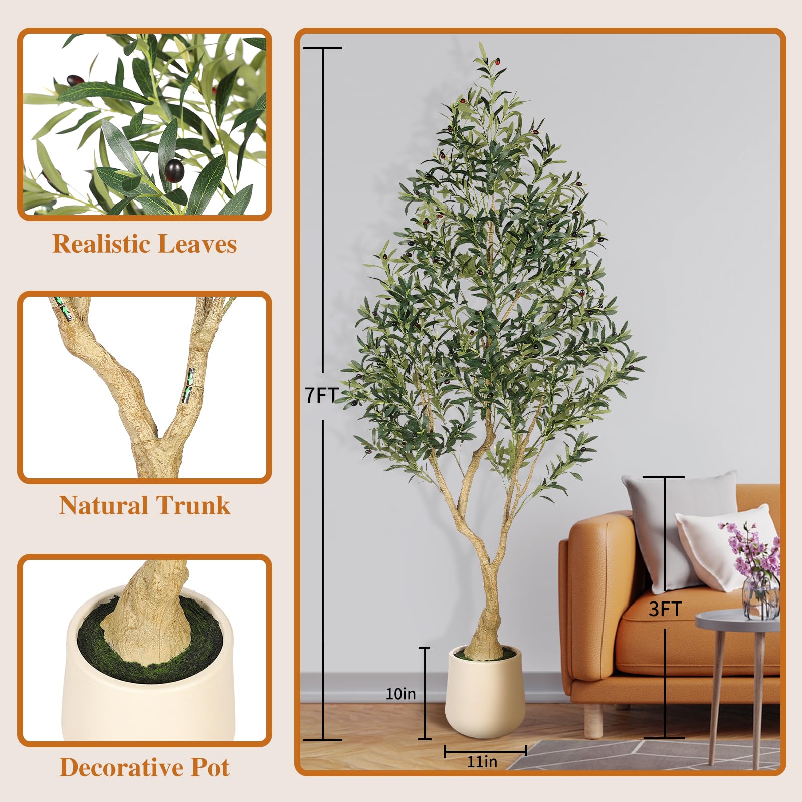 PHYTREE Artificial Olive Tree with Planter - 7FT Tall Silk Faux Olive Trees with Wood Trunk & Lifelike Fruits, Indoor and Outdoor Realistic Potted Artificial Tree for Home Office Decor